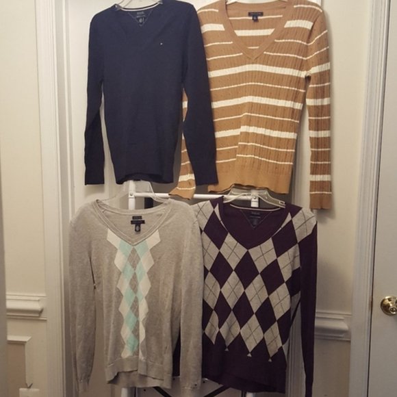 TOMMY HILFIGER Sweaters Academia lot 4 Cotton Preppy Argyle Stripe Fall V-Neck - Picture 1 of 5